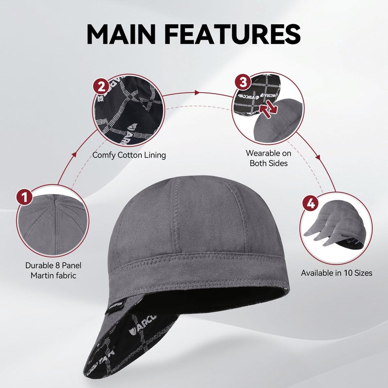 ARCCAPTAIN Reversible Welding Cap, 8 Panel Protective Welders Cap, 10 oz Fireproof Cotton Comforts for Safety and Protection While Welding to Men Women, Gray, 7 1/2 - Image 3